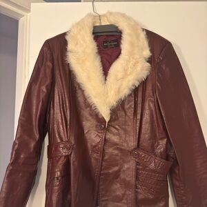 Burgundy Leather Jacket with Cream Faux Fur Collar